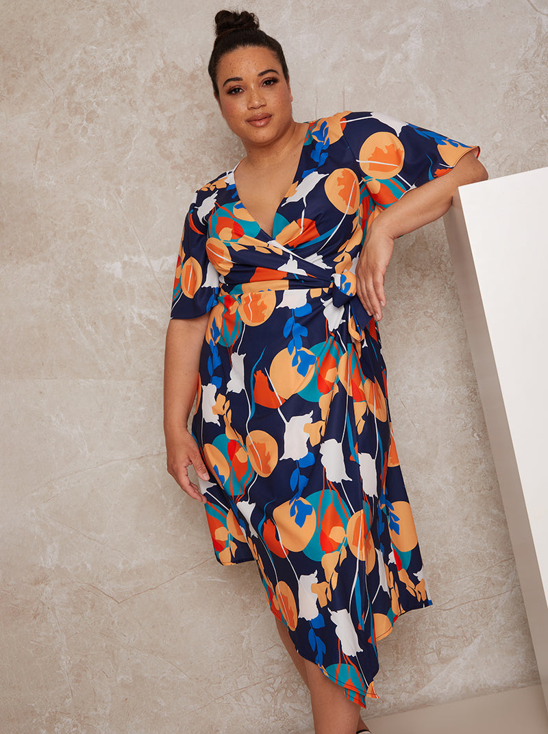 Plus Size Abstract Print Midi Wrap Day Dress with Short Sleeves in Blu –  Chi Chi London